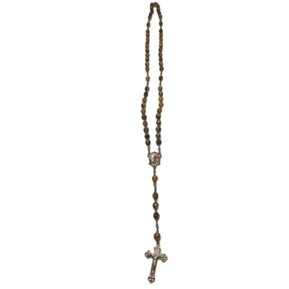 Vintage Golden-Topaz-Colored Sparkly Faceted Glass Bead Silver-Colored Rosary‎